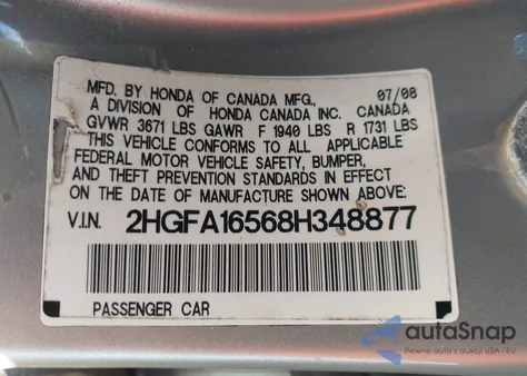 2008 Honda Civic Lx из США, поврежденный, VIN 2HGFA16568H348877